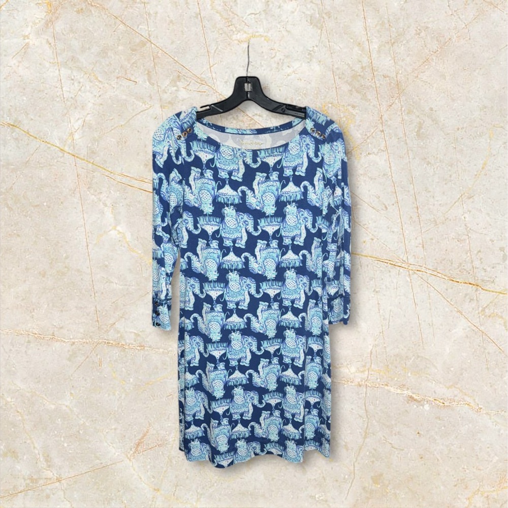LILLY PULITZER Dress Women’s Medium Sophie Blue Elephant Boat Neck UPF 50+ EUC